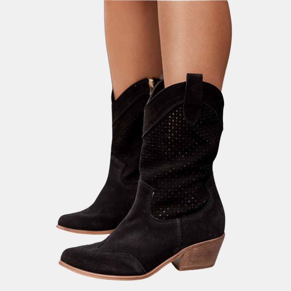 Women's perforated ankle boots with pointed toes and block heels