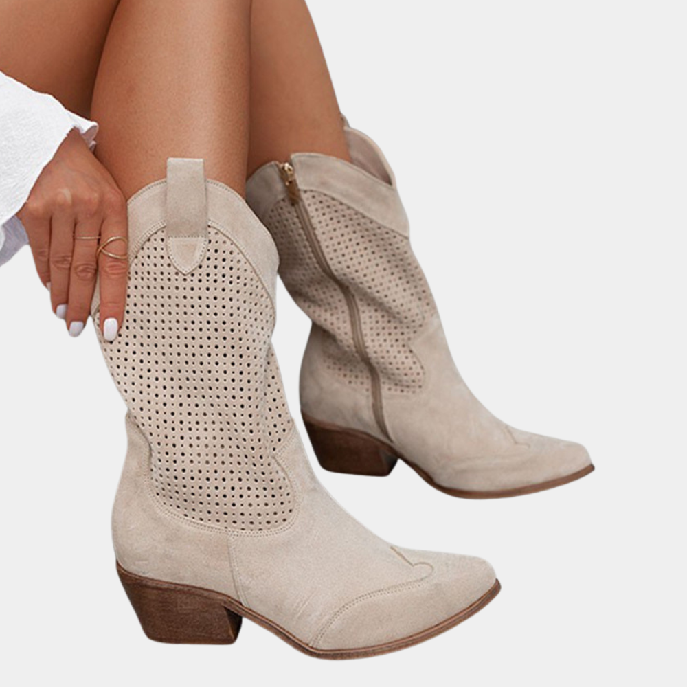 Women's perforated ankle boots with pointed toes and block heels