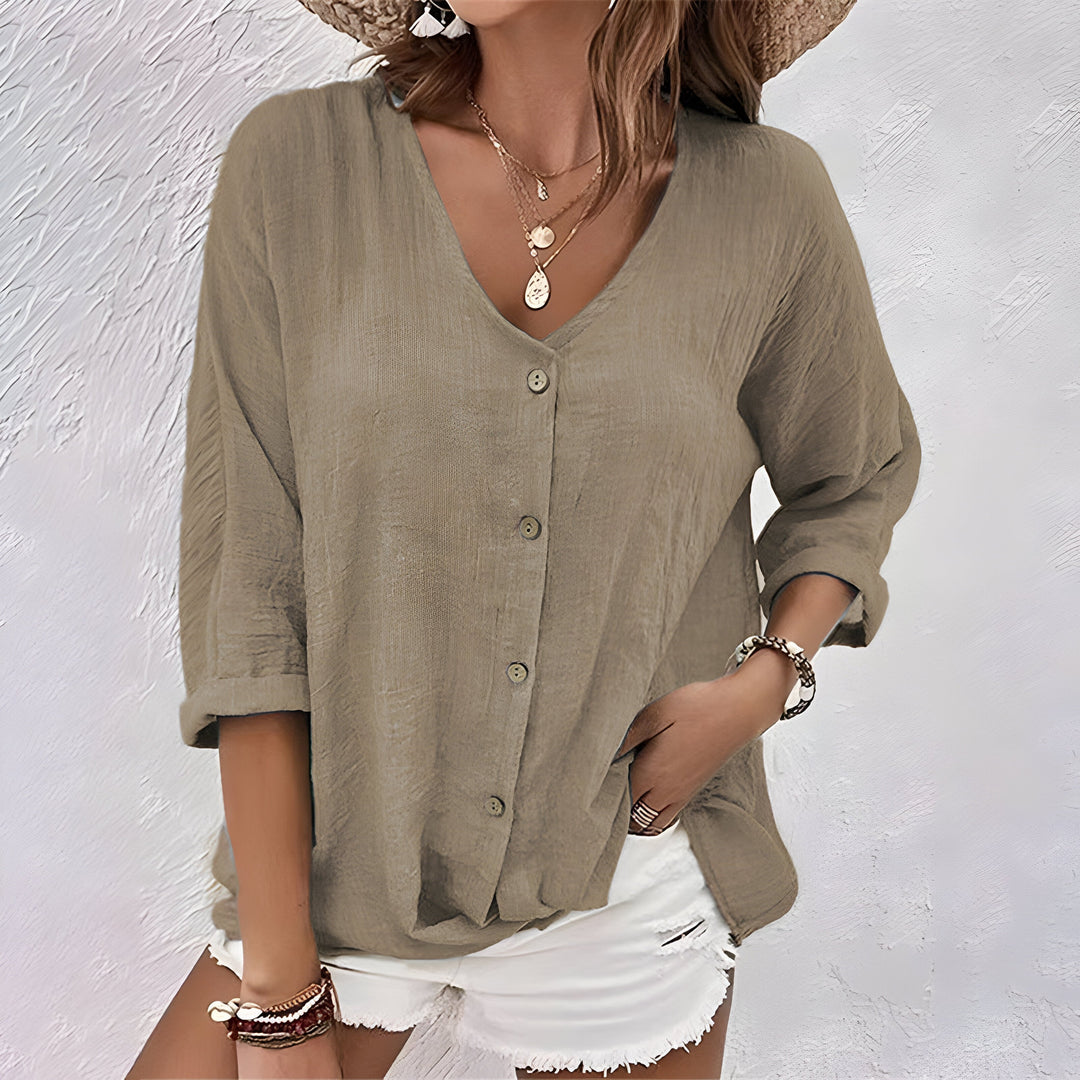 Relaxed V-Neck Button-Up Blouse in Green - View 7 | Bellmere