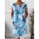 Women's floral print shift dress with short sleeves, crew neck and mid-calf hem