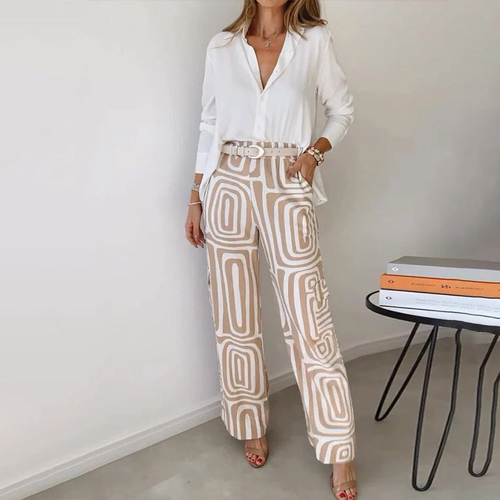 Women's Two-Piece Outfit with Flowing Shirt and Trousers Two Se in Khaki | Bellmere