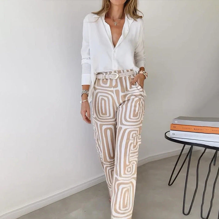 Women's Two-Piece Outfit with Flowing Shirt and Trousers Two Se in Khaki - View 3 | Bellmere