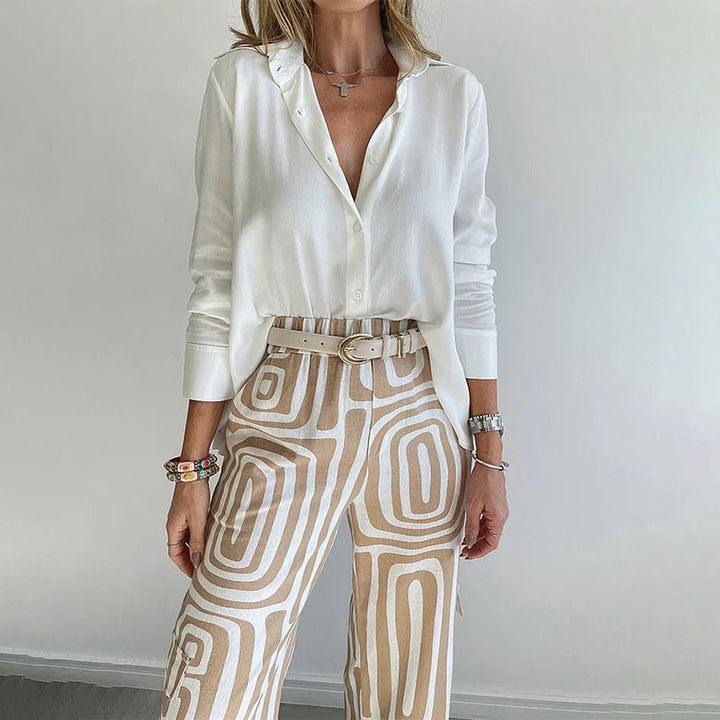 Women's Two-Piece Outfit with Flowing Shirt and Trousers Two Se in Khaki - View 4 | Bellmere