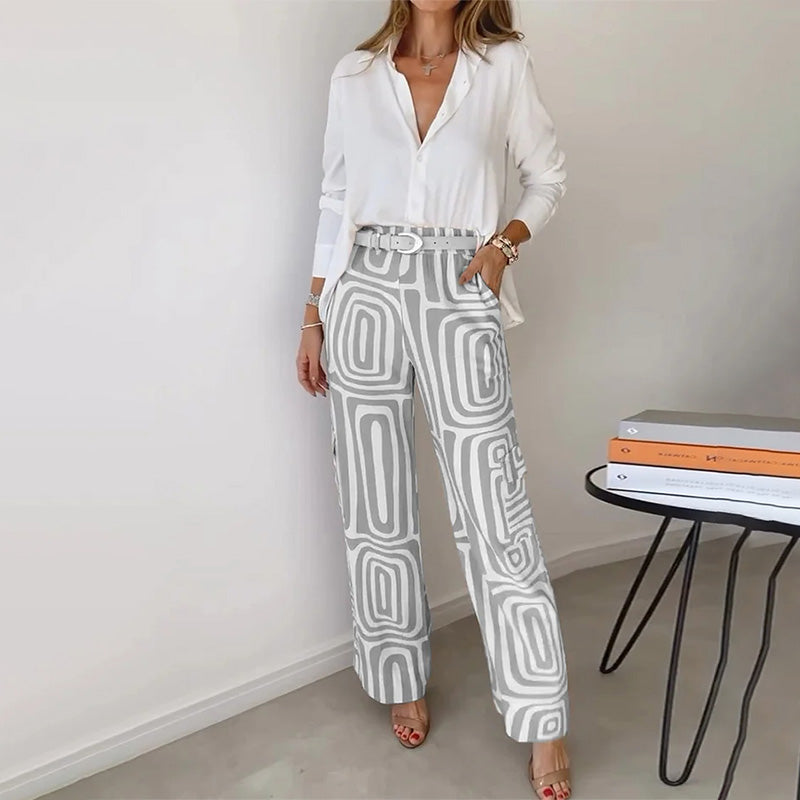 Women's Two-Piece Outfit with Flowing Shirt and Trousers Two Se in Khaki - View 5 | Bellmere