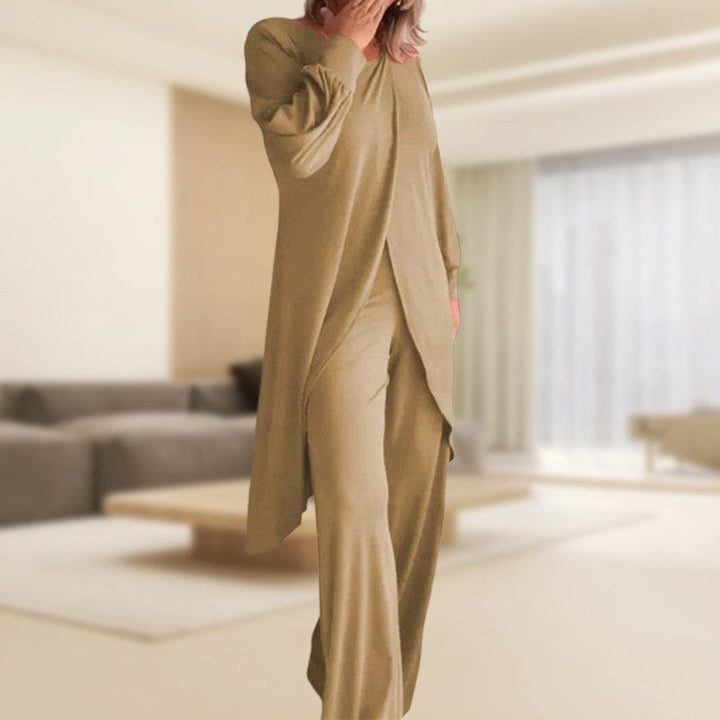 Women's long-sleeve two-piece lounge set with asymmetric top and wide-leg trousers