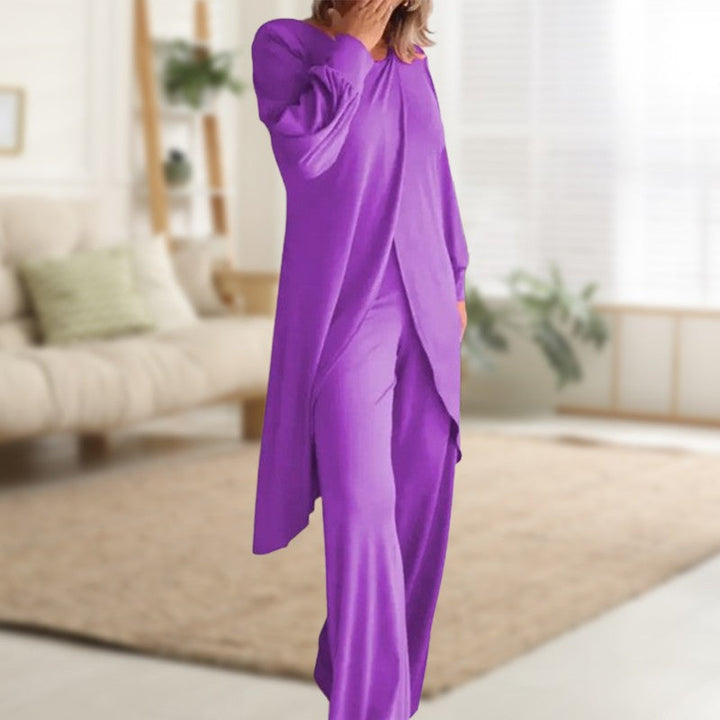 Women's long-sleeve two-piece lounge set with asymmetric top and wide-leg trousers
