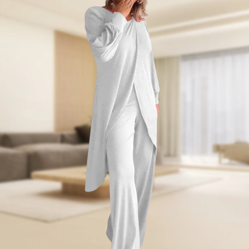 Women's long-sleeve two-piece lounge set with asymmetric top and wide-leg trousers