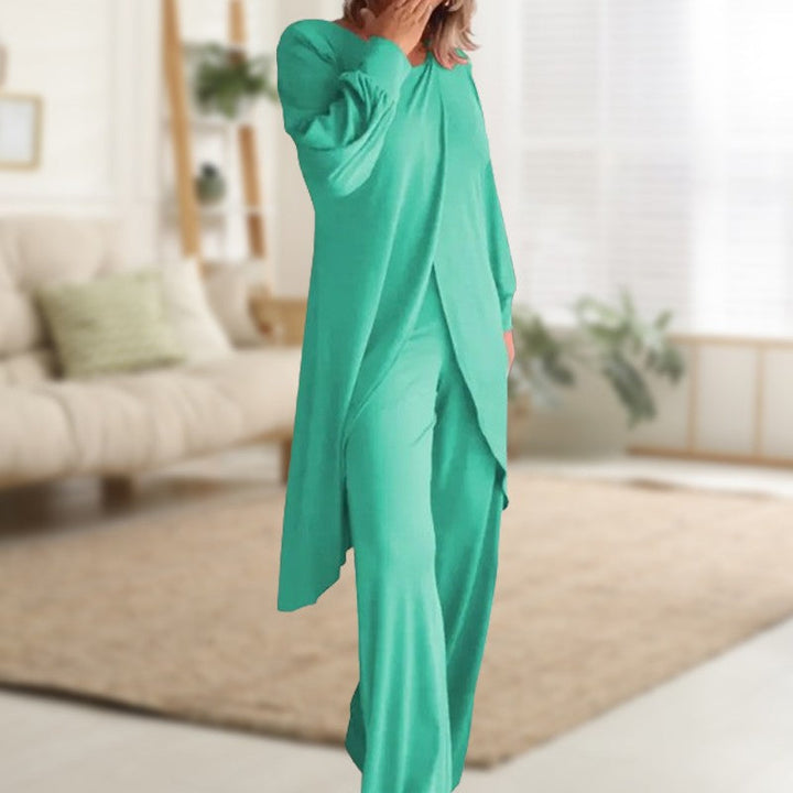 Women's long-sleeve two-piece lounge set with asymmetric top and wide-leg trousers