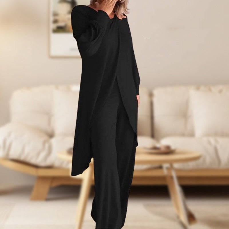 Women's long-sleeve two-piece lounge set with asymmetric top and wide-leg trousers