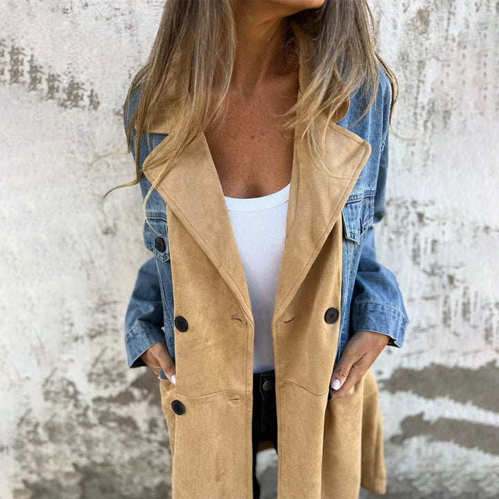 Women's mid-length coat with denim stitch detailing