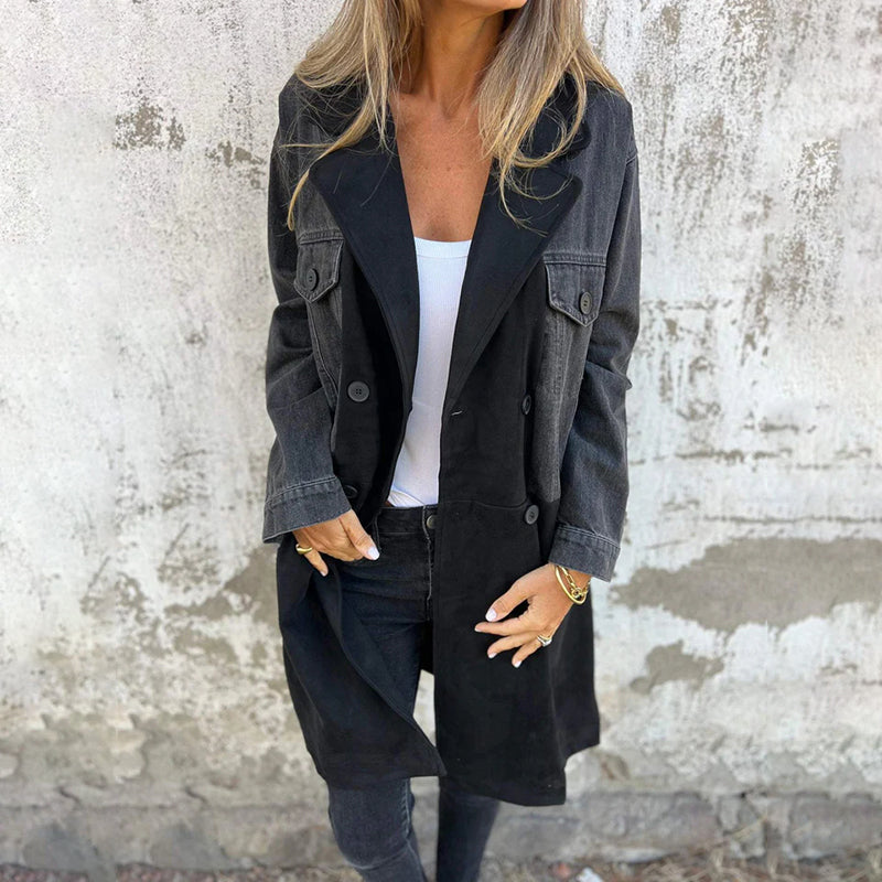 Women's mid-length coat with denim stitch detailing