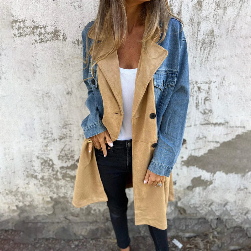 Women's mid-length coat with denim stitch detailing
