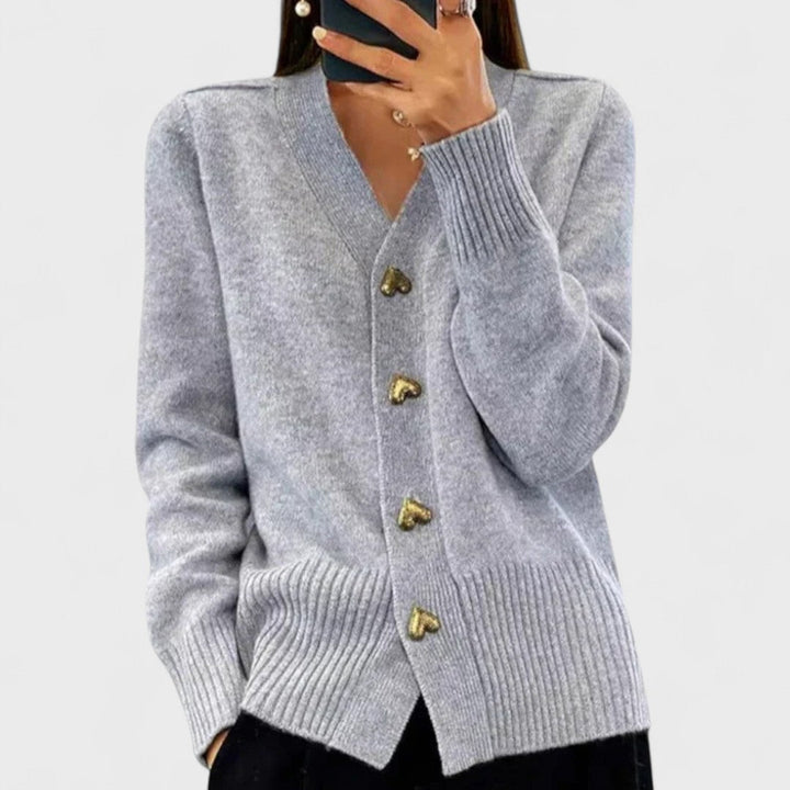 Women's V-neck cardigan with heart-shaped buttons and front pockets