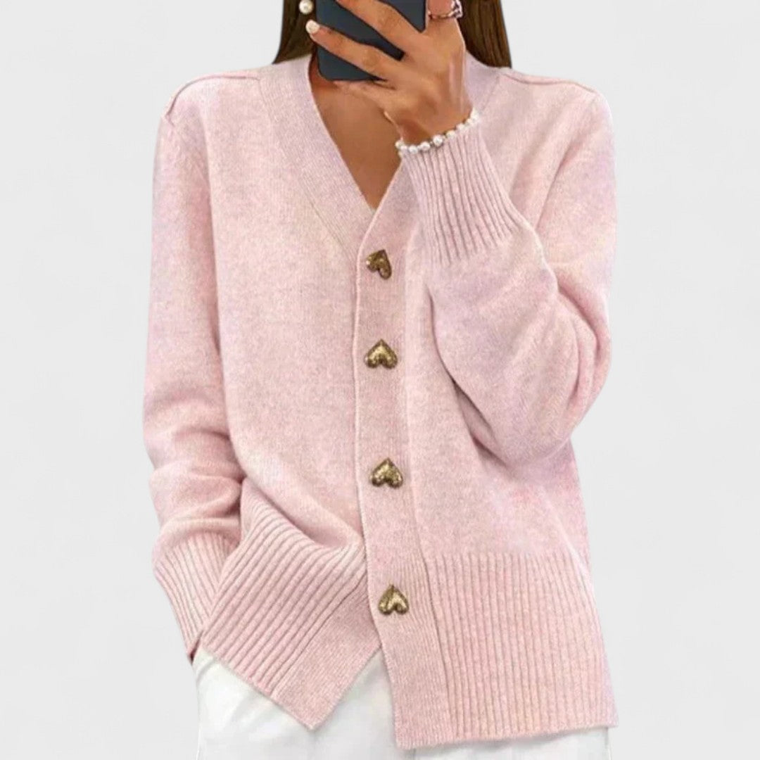Women's V-neck cardigan with heart-shaped buttons and front pockets