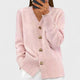 Women's V-neck cardigan with heart-shaped buttons and front pockets