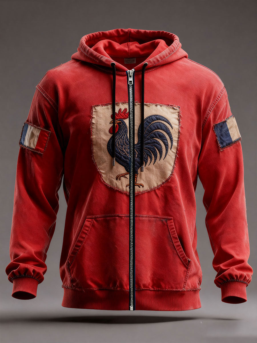 Men's zip-up hoodie with hood, rooster emblem and flag patches