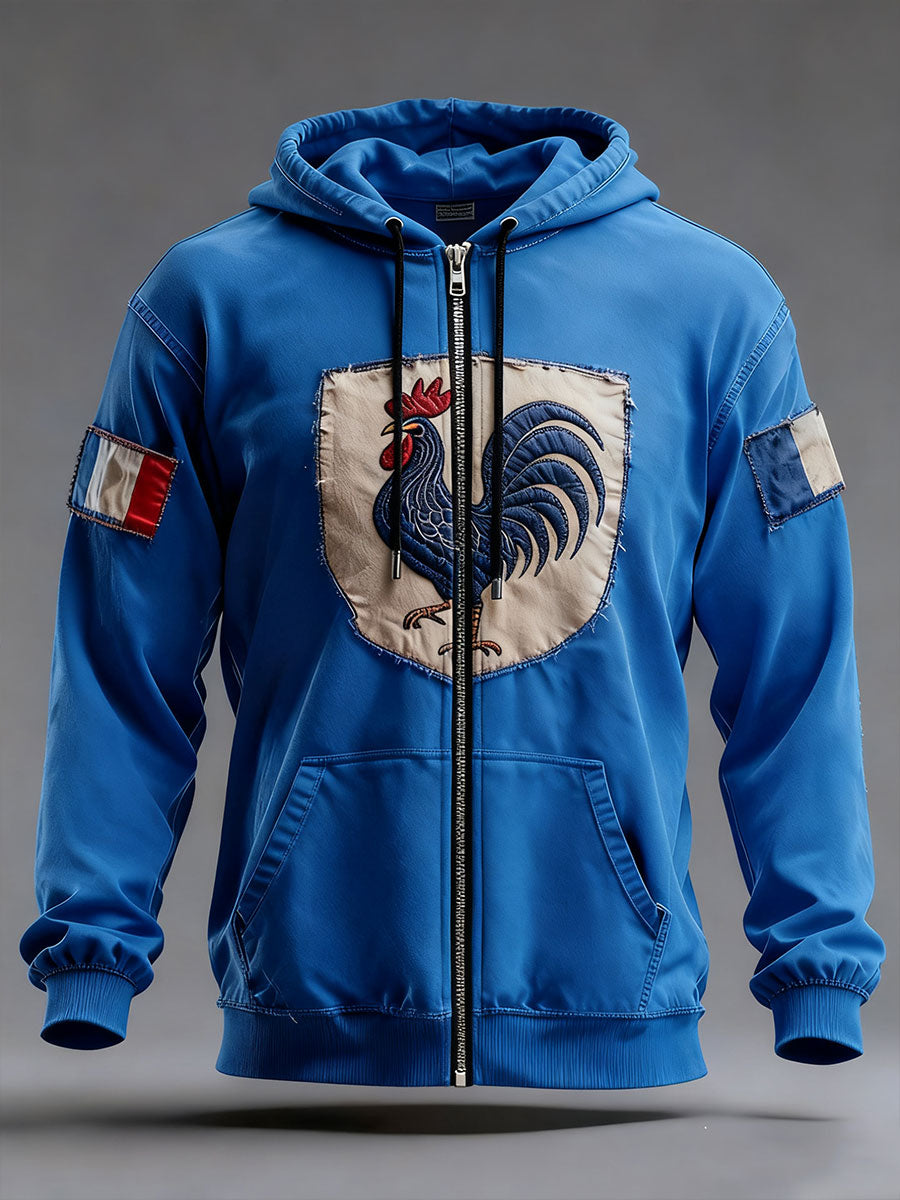 Men's zip-up hoodie with hood, rooster emblem and flag patches