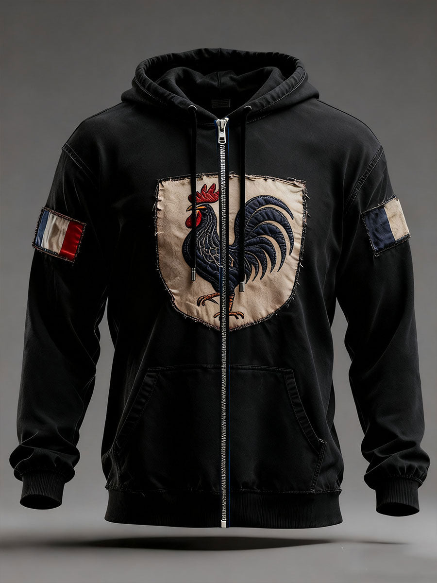 Men's zip-up hoodie with hood, rooster emblem and flag patches