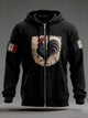 Men's zip-up hoodie with hood, rooster emblem and flag patches