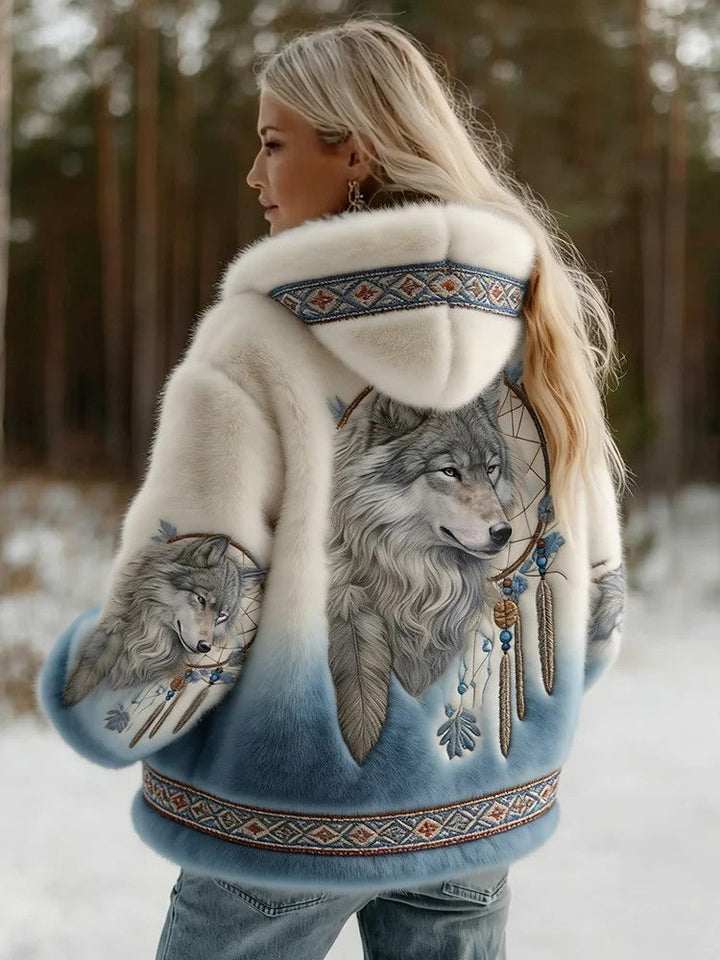 Women's hooded jacket with wolf artwork and patterned trim