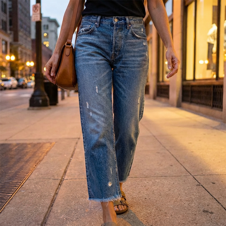 Women's cropped straight-leg jeans with high waist and distressed details