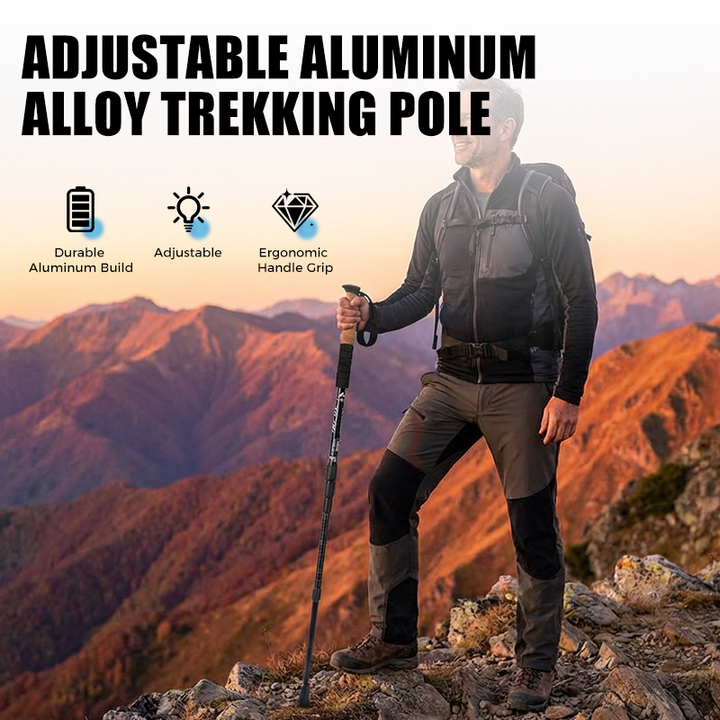 Adjustable trekking pole with black handle, wrist strap and telescopic shaft