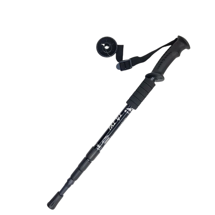 Adjustable trekking pole with black handle, wrist strap and telescopic shaft