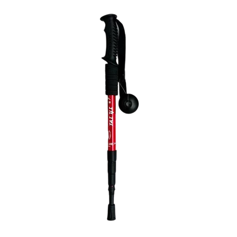 Adjustable trekking pole with black handle, wrist strap and telescopic shaft