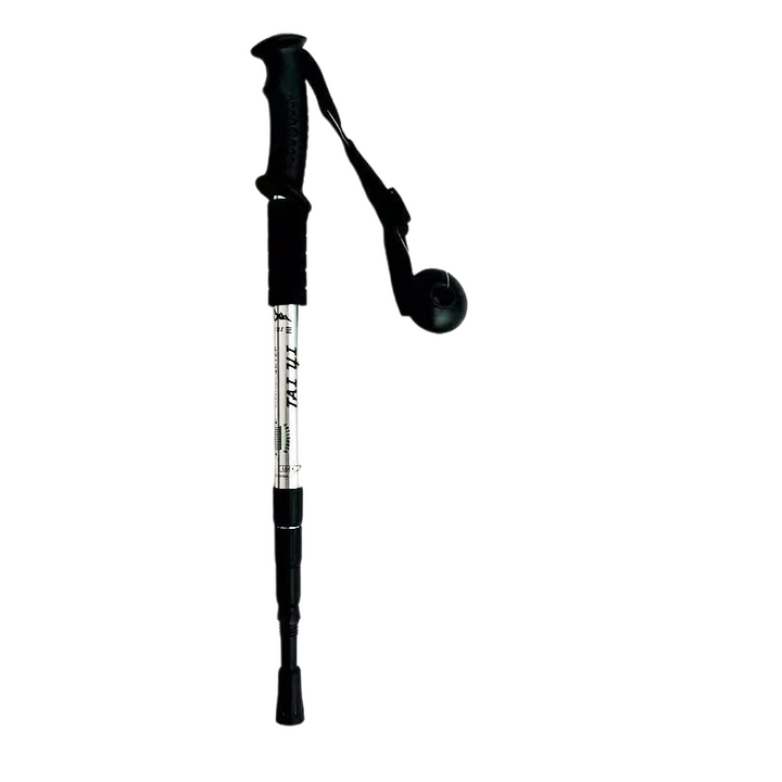 Adjustable trekking pole with black handle, wrist strap and telescopic shaft
