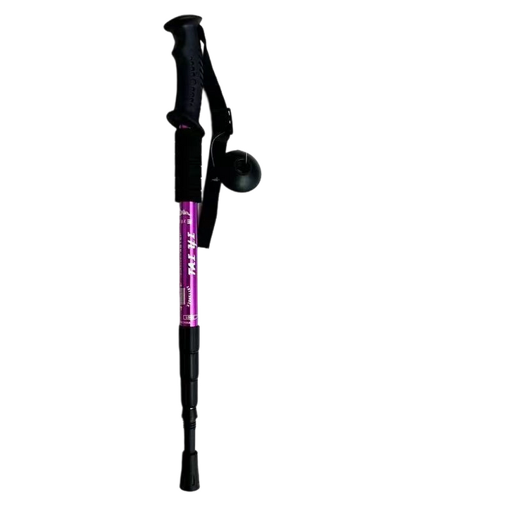 Adjustable trekking pole with black handle, wrist strap and telescopic shaft
