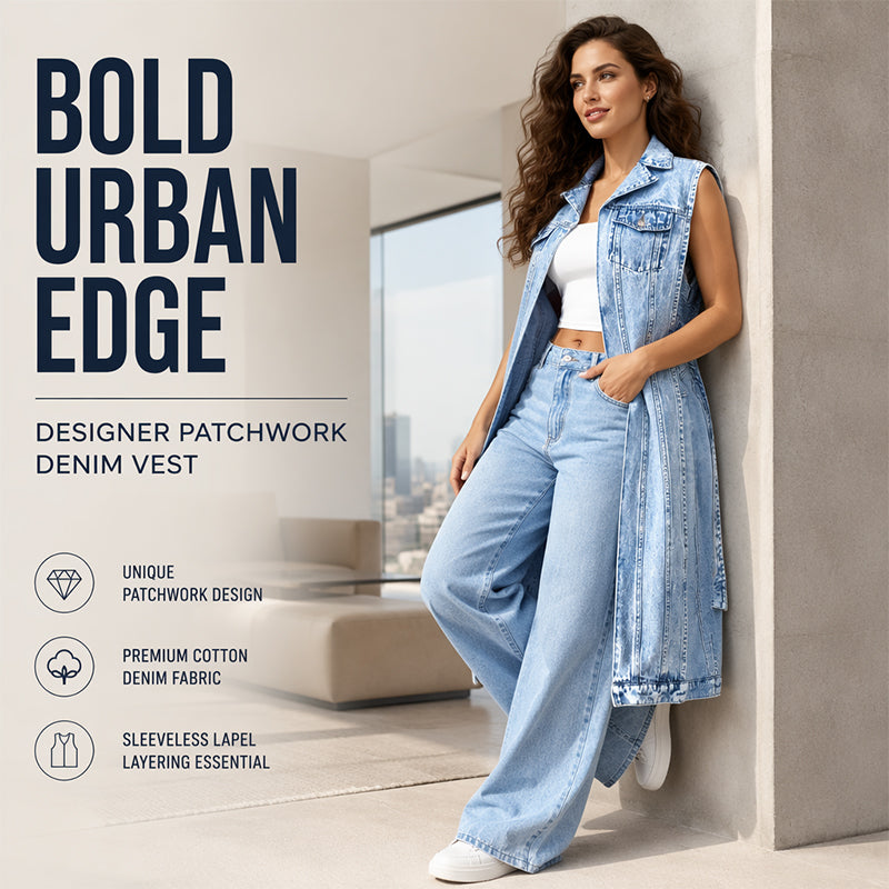 Women's sleeveless longline denim vest with lapel collar and chest pockets