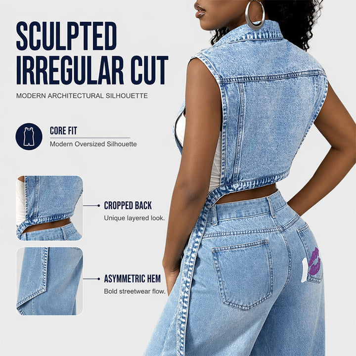 Women's sleeveless longline denim vest with lapel collar and chest pockets