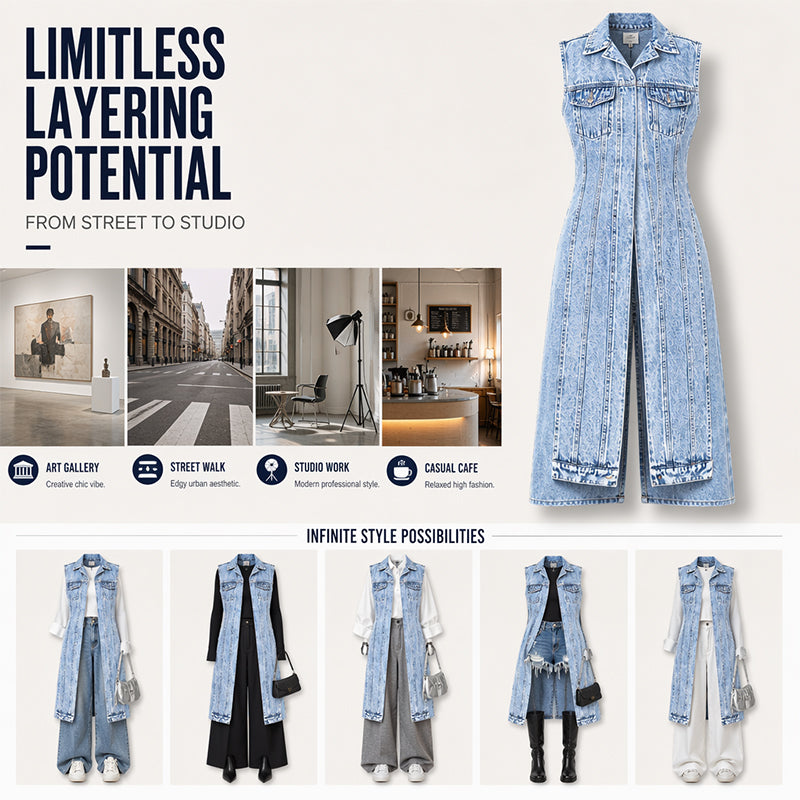 Women's sleeveless longline denim vest with lapel collar and chest pockets