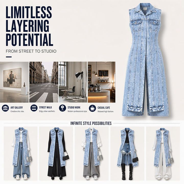 Women's sleeveless longline denim vest with lapel collar and chest pockets