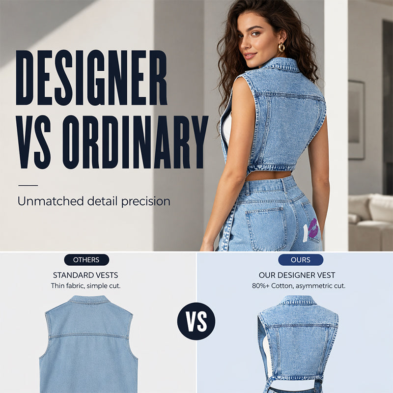 Women's sleeveless longline denim vest with lapel collar and chest pockets