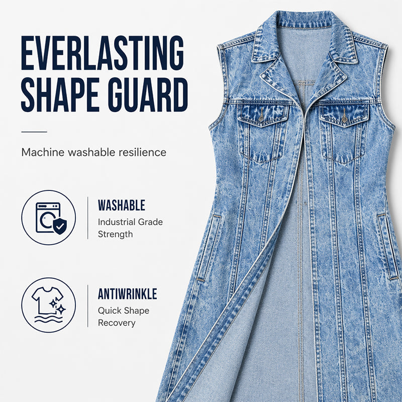 Women's sleeveless longline denim vest with lapel collar and chest pockets
