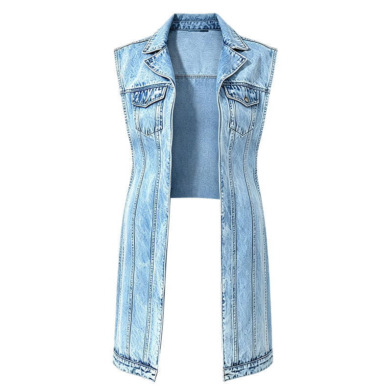 Women's sleeveless longline denim vest with lapel collar and chest pockets