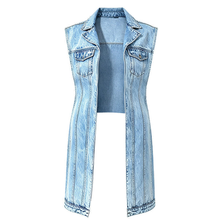 Women's sleeveless longline denim vest with lapel collar and chest pockets