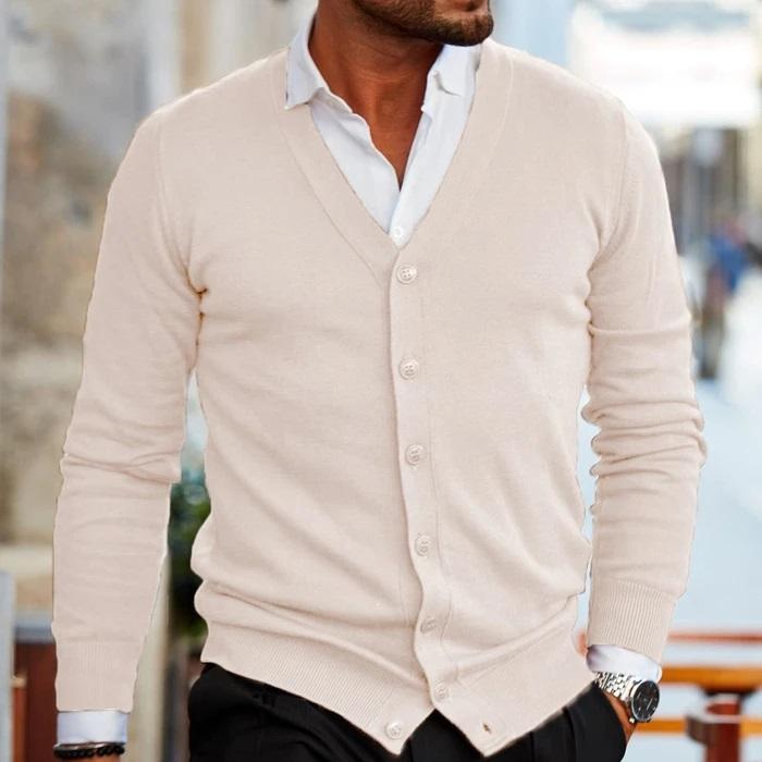 Men's V-neck button cardigan with long sleeves and ribbed trim