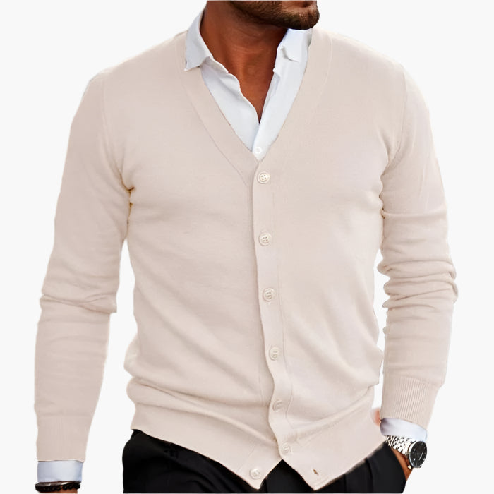 Men's long-sleeve V-neck button-front cardigan with ribbed trims