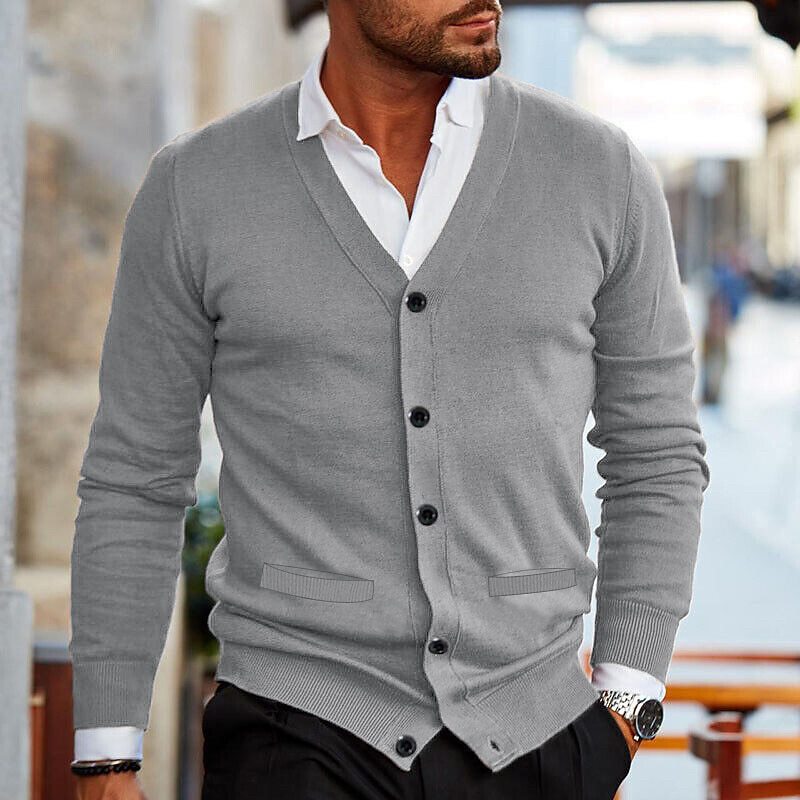 Men's V-neck button cardigan with long sleeves and ribbed trim