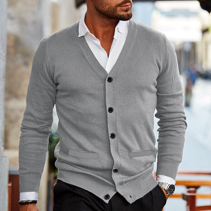 Men's V-neck button cardigan with long sleeves and ribbed trim