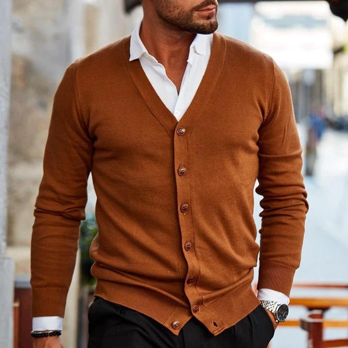 Men's V-neck button cardigan with long sleeves and ribbed trim