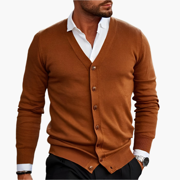 Men's long-sleeve V-neck button-front cardigan with ribbed trims