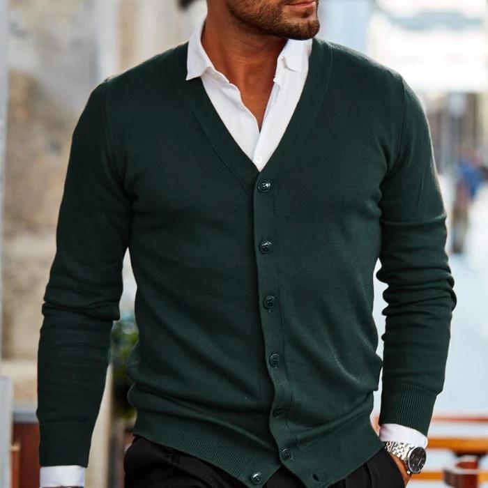 Men's V-neck button cardigan with long sleeves and ribbed trim