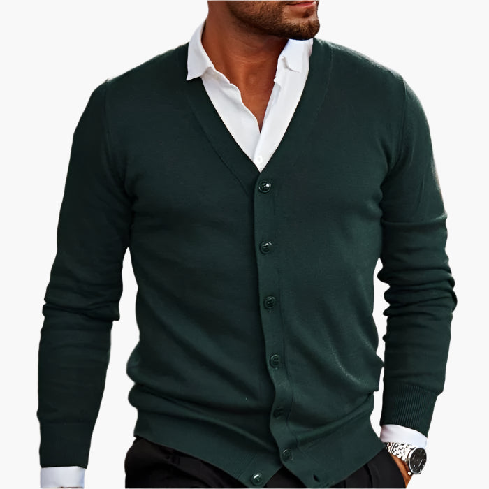 Men's long-sleeve V-neck button-front cardigan with ribbed trims