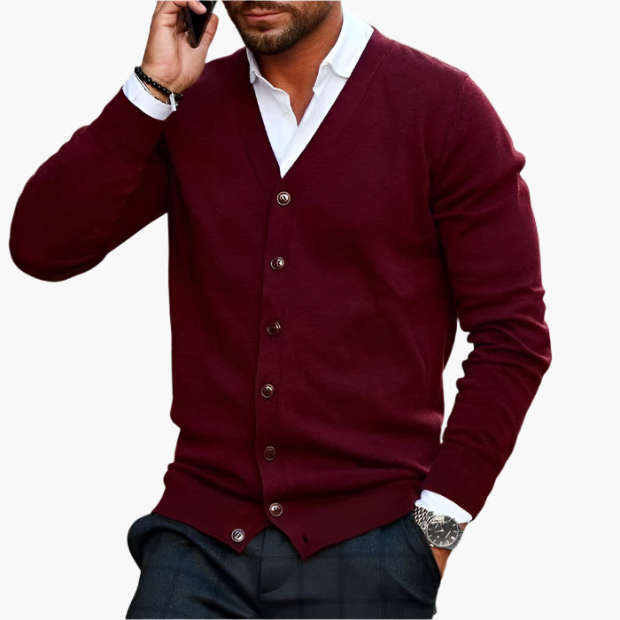 Men's long-sleeve V-neck button-front cardigan with ribbed trims