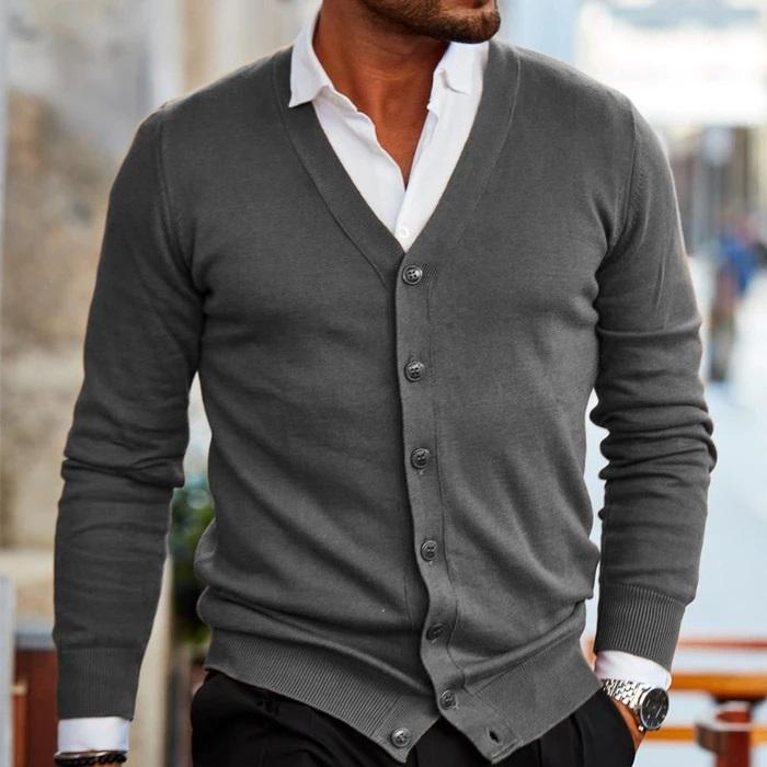 Men's V-neck button cardigan with long sleeves and ribbed trim