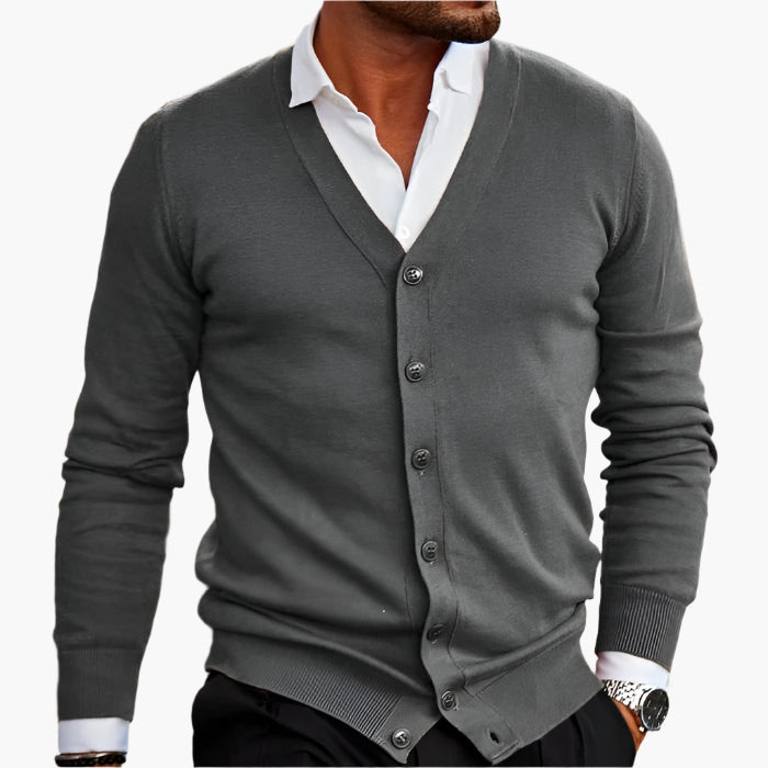 Men's long-sleeve V-neck button-front cardigan with ribbed trims
