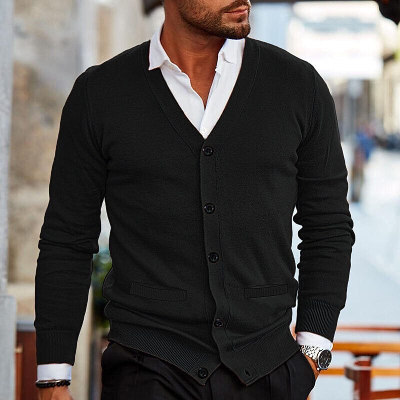Men's V-neck button cardigan with long sleeves and ribbed trim
